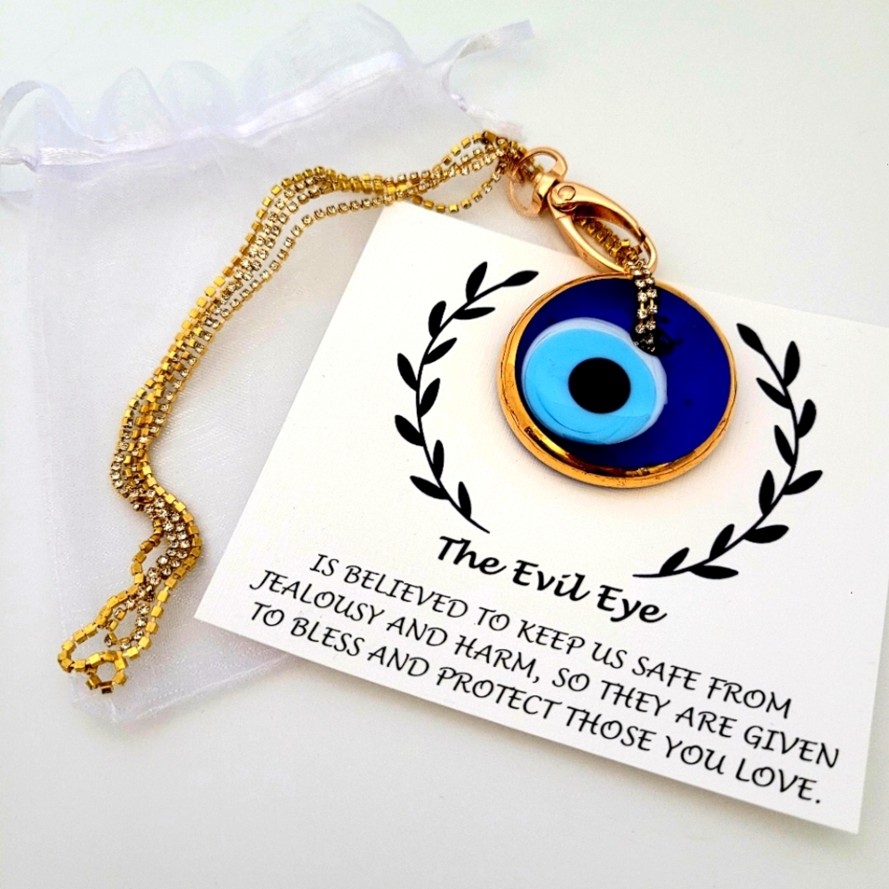New Glass Evil Eye blue & gold pendant with rhinestone chain clasp